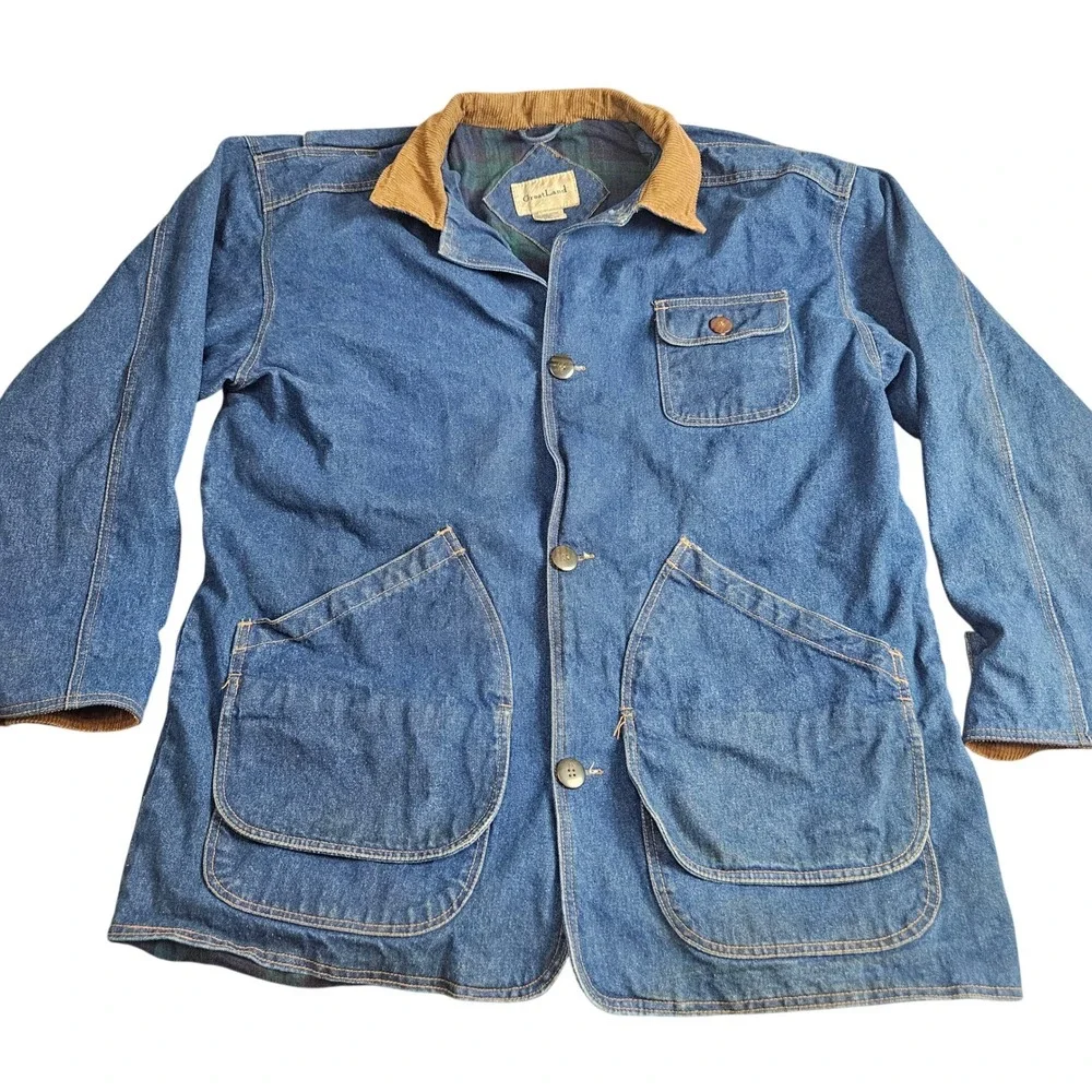 Vintage GreatLand Denim Chore Coat L Blue Flannel Lined Work Barn Chore Heritage